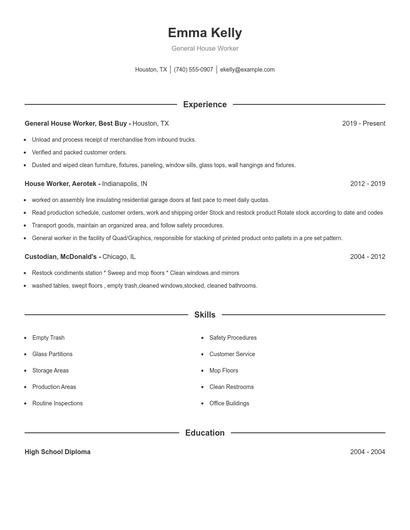 General House Worker Resume