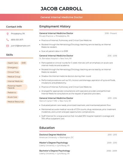 General Internal Medicine Doctor Resume