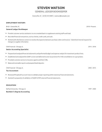 General Ledger Bookkeeper Resume