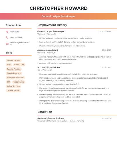 General Ledger Bookkeeper Resume