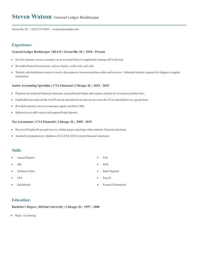 General Ledger Bookkeeper Resume