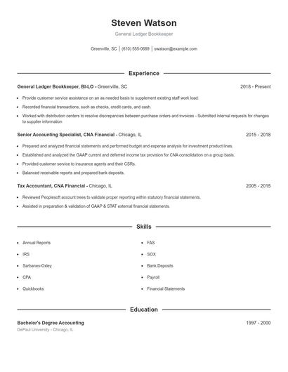 General Ledger Bookkeeper Resume