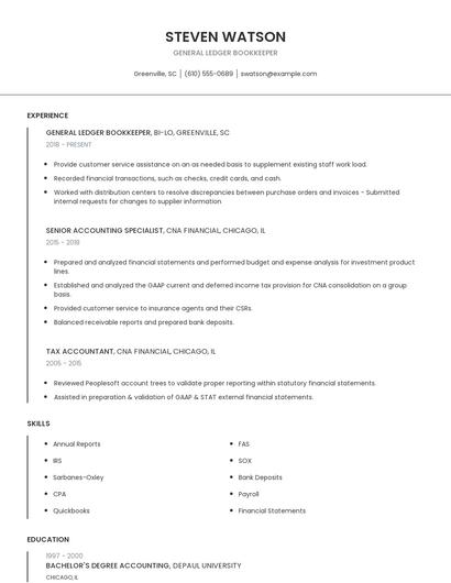 General Ledger Bookkeeper Resume