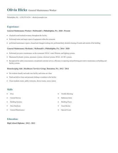 General Maintenance Worker Resume