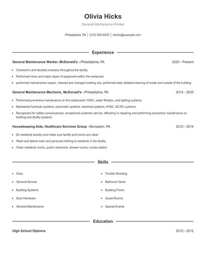 General Maintenance Worker Resume