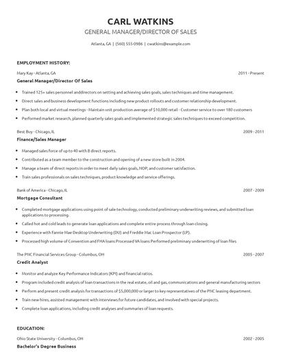 General Manager/Director Of Sales Resume