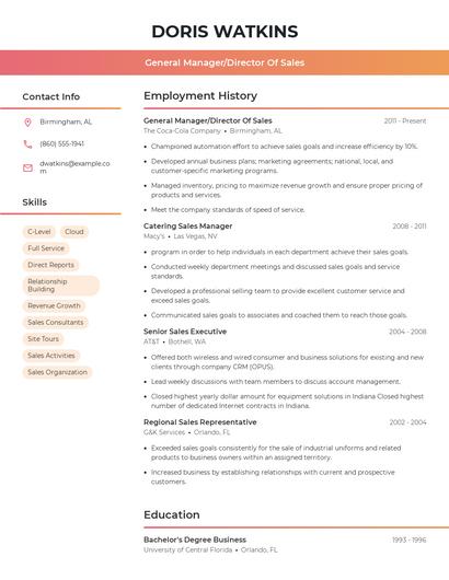 General Manager/Director Of Sales Resume