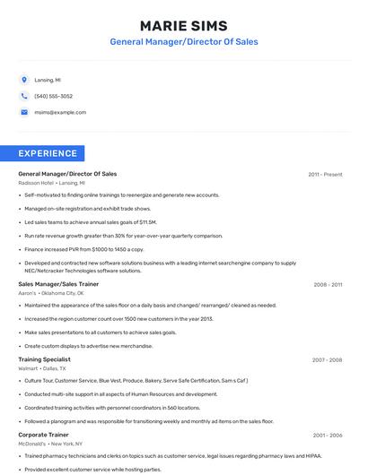 General Manager/Director Of Sales Resume