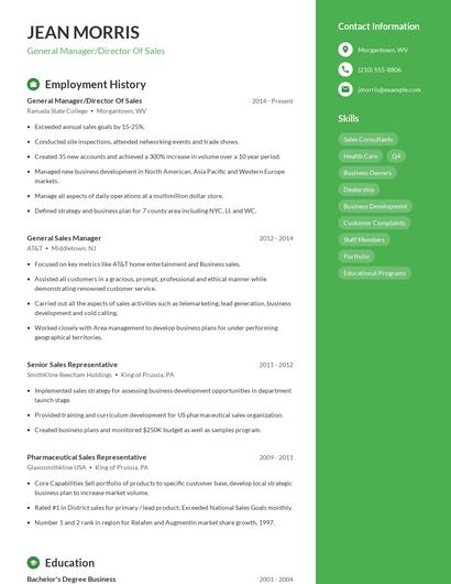 General Manager/Director Of Sales Resume