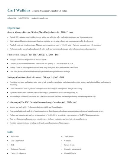 General Manager/Director Of Sales Resume