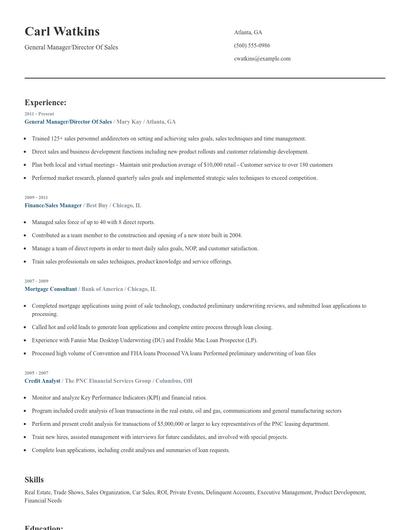 General Manager/Director Of Sales Resume