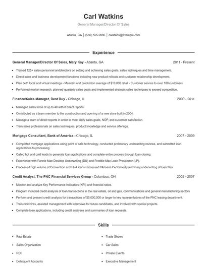 General Manager/Director Of Sales Resume