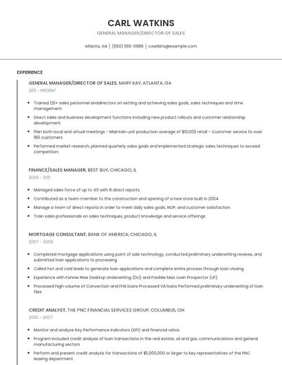 General Manager/Director Of Sales Resume