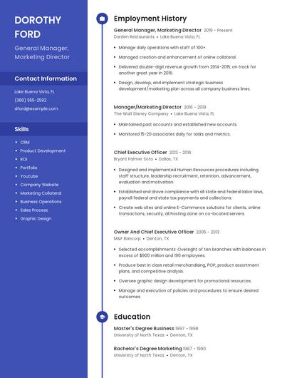 General Manager, Marketing Director Resume