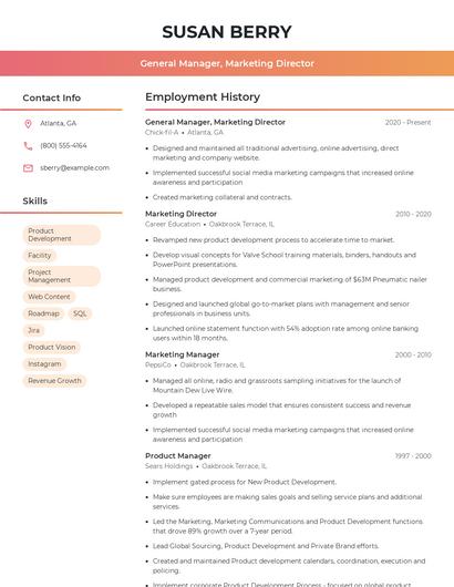 General Manager, Marketing Director Resume