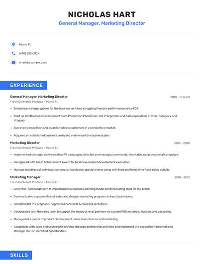General Manager, Marketing Director Resume