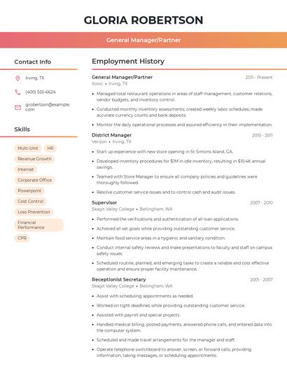 General Manager/Partner Resume