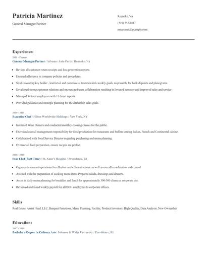 General Manager/Partner Resume
