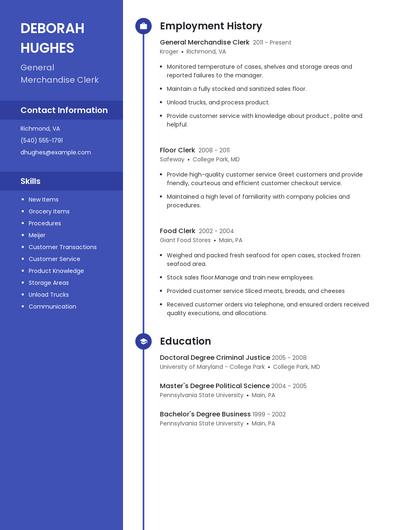 General Merchandise Clerk Resume