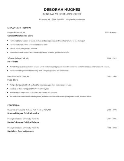 General Merchandise Clerk Resume