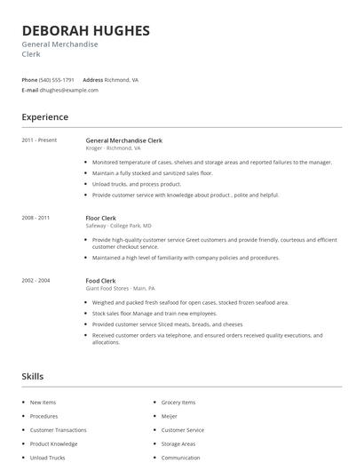 General Merchandise Clerk Resume