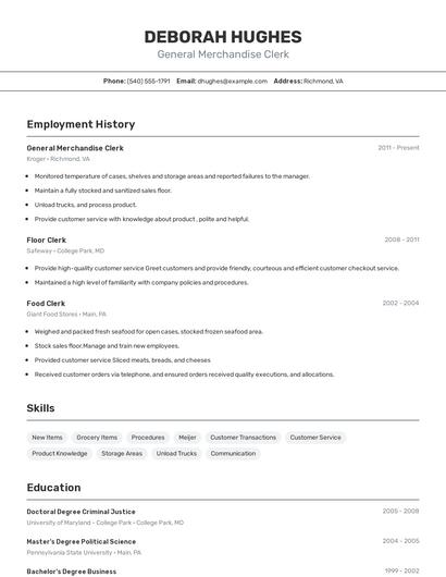 General Merchandise Clerk Resume