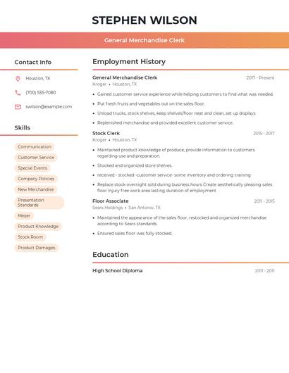 General Merchandise Clerk Resume