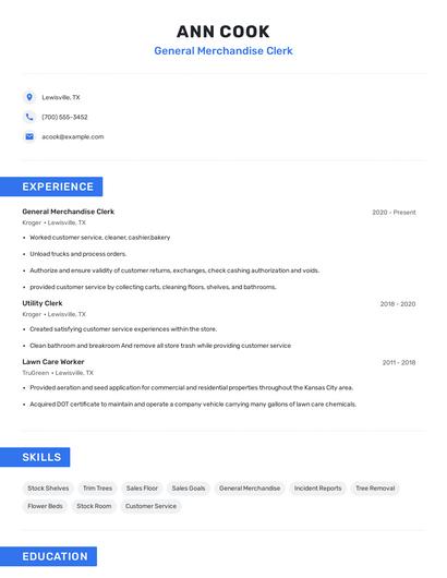 General Merchandise Clerk Resume