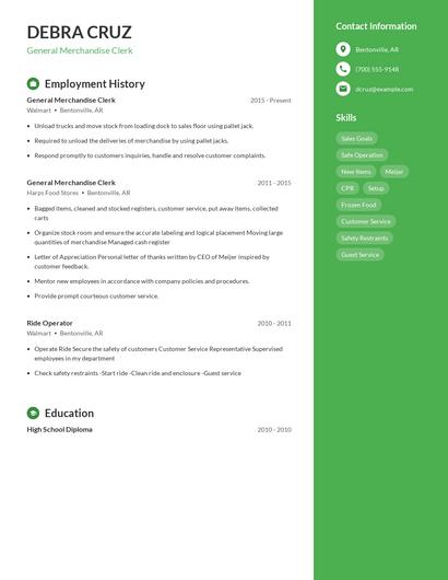 General Merchandise Clerk Resume