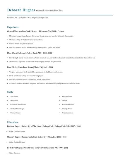 General Merchandise Clerk Resume