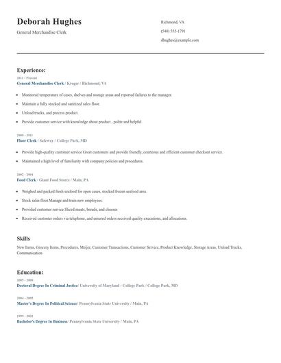 General Merchandise Clerk Resume