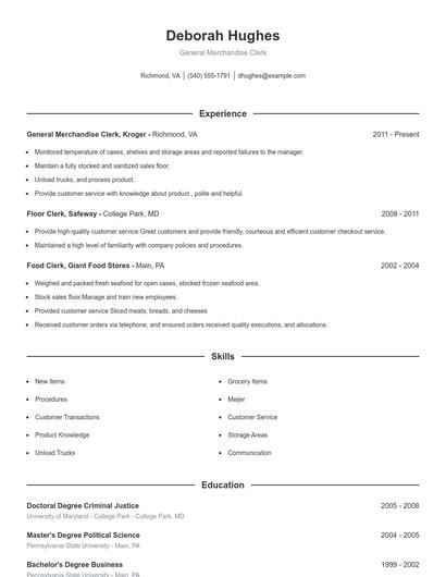 General Merchandise Clerk Resume