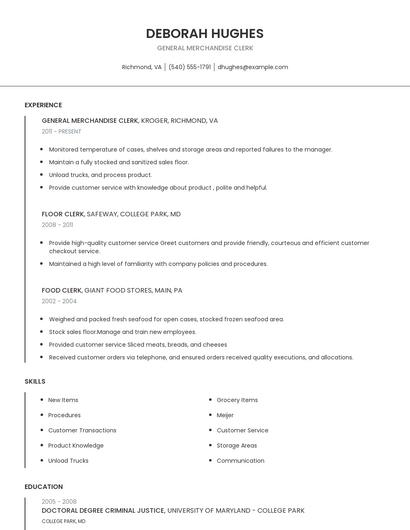 General Merchandise Clerk Resume