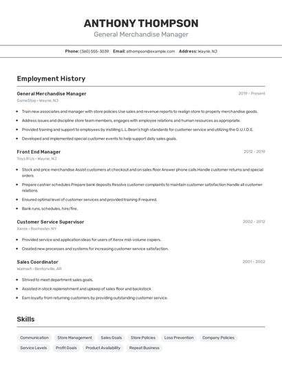 General Merchandise Manager Resume