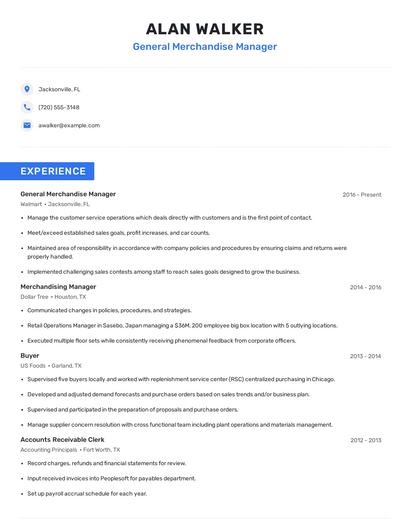 General Merchandise Manager Resume