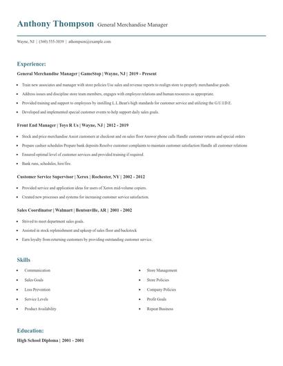 General Merchandise Manager Resume