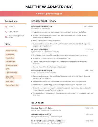 General Ophthalmologist Resume