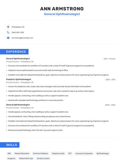 General Ophthalmologist Resume