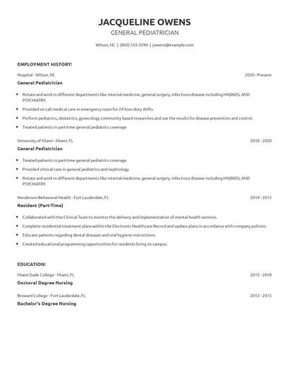 General Pediatrician Resume