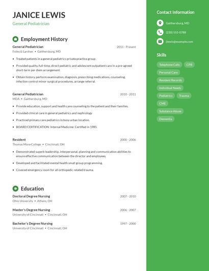General Pediatrician Resume