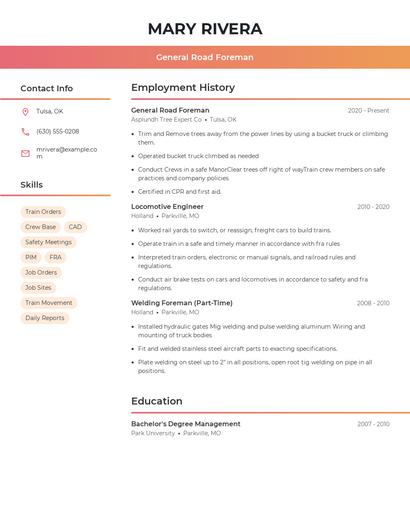 General Road Foreman Resume