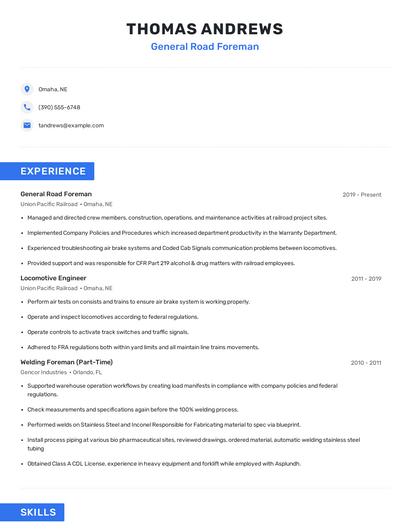 General Road Foreman Resume