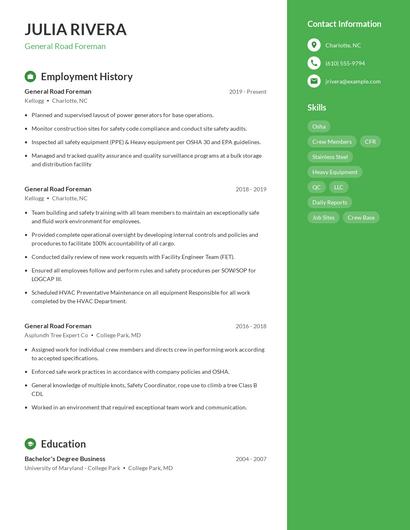 General Road Foreman Resume