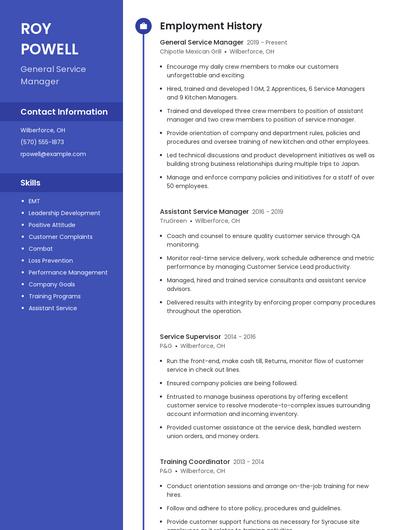 General Service Manager Resume