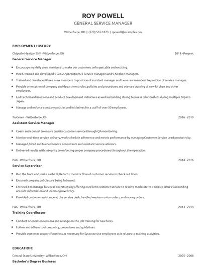 General Service Manager Resume