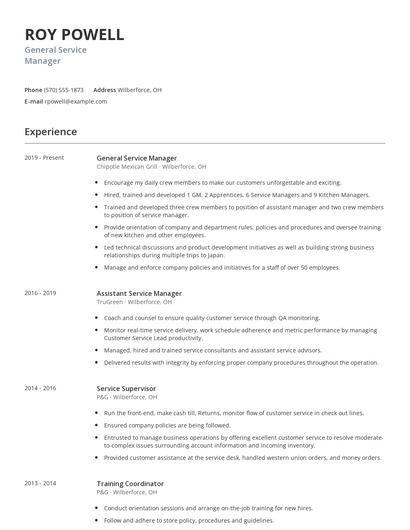 General Service Manager Resume