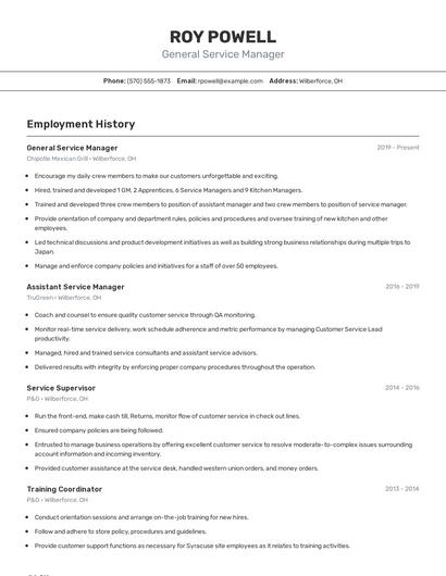 General Service Manager Resume
