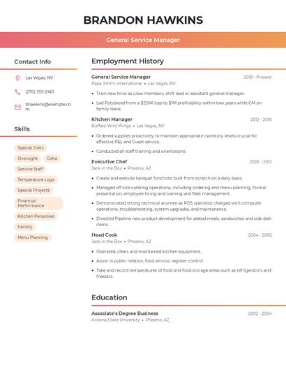 General Service Manager Resume