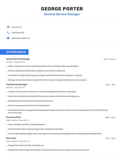 General Service Manager Resume
