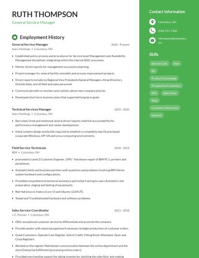 General Service Manager Resume